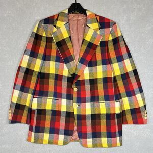VTG Wallach’s Blazer Jacket Sport Coat Men’s 42R Red Yellow Plaid 100% CASHMERE